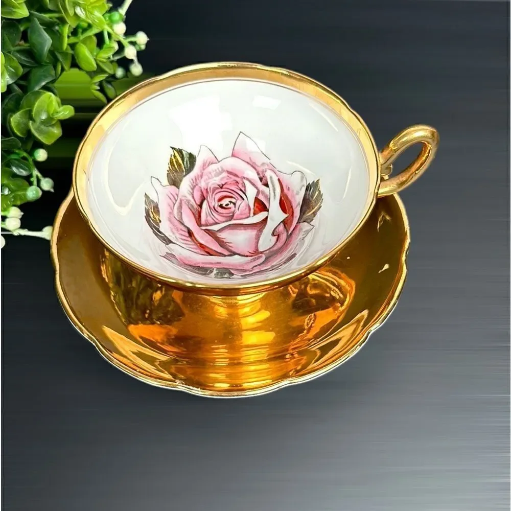 Vintage Taylor & Kent Large Pink Cabbage Rose Tea Cup Saucer Heavy Gold Signed